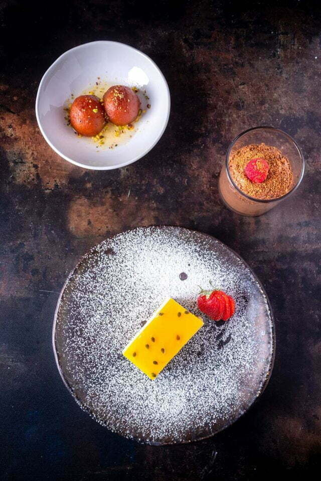 Beautifully plated contemporary Indian desserts at Riwaz Beaconsfield.